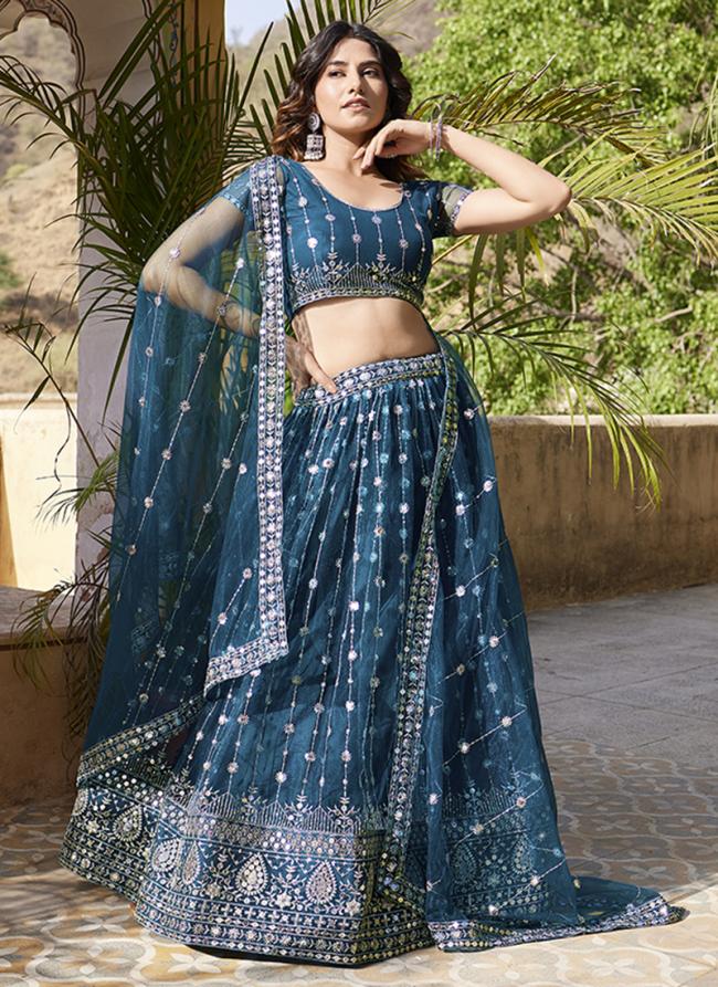 Net Teal Blue  Wedding Wear Embroidery Sequence Work Lehenga Choli